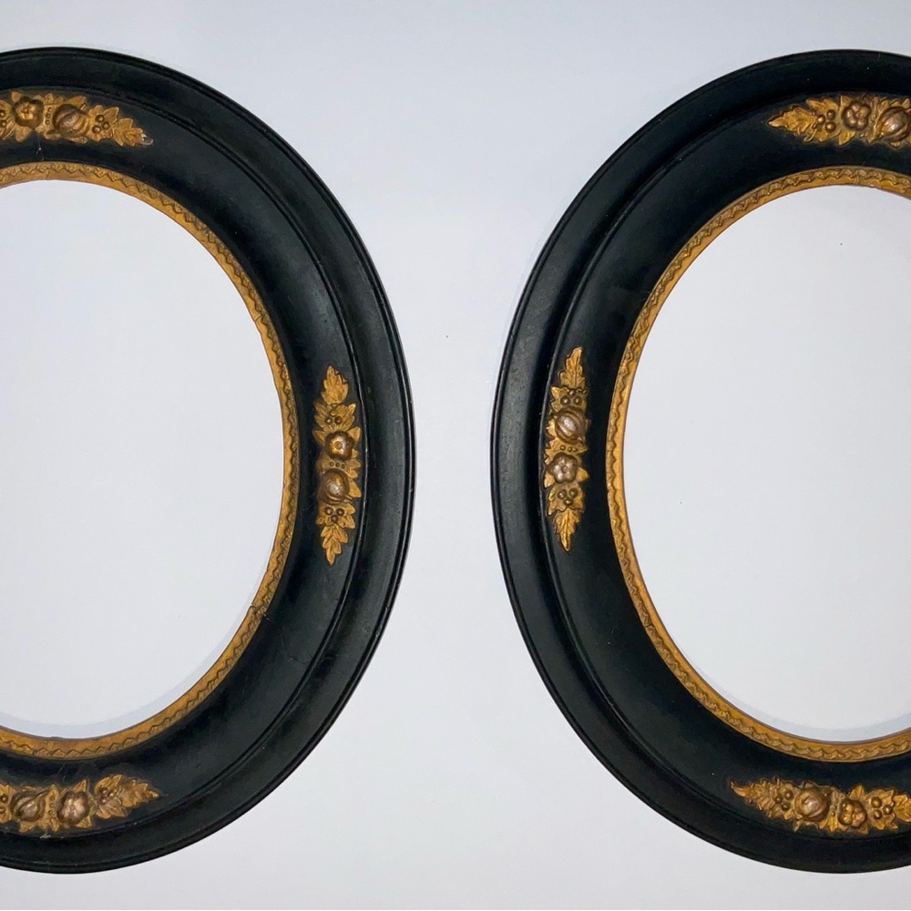 2 Vintage Victorian Era Elegant Black and Gold Oval Wall Frame Set